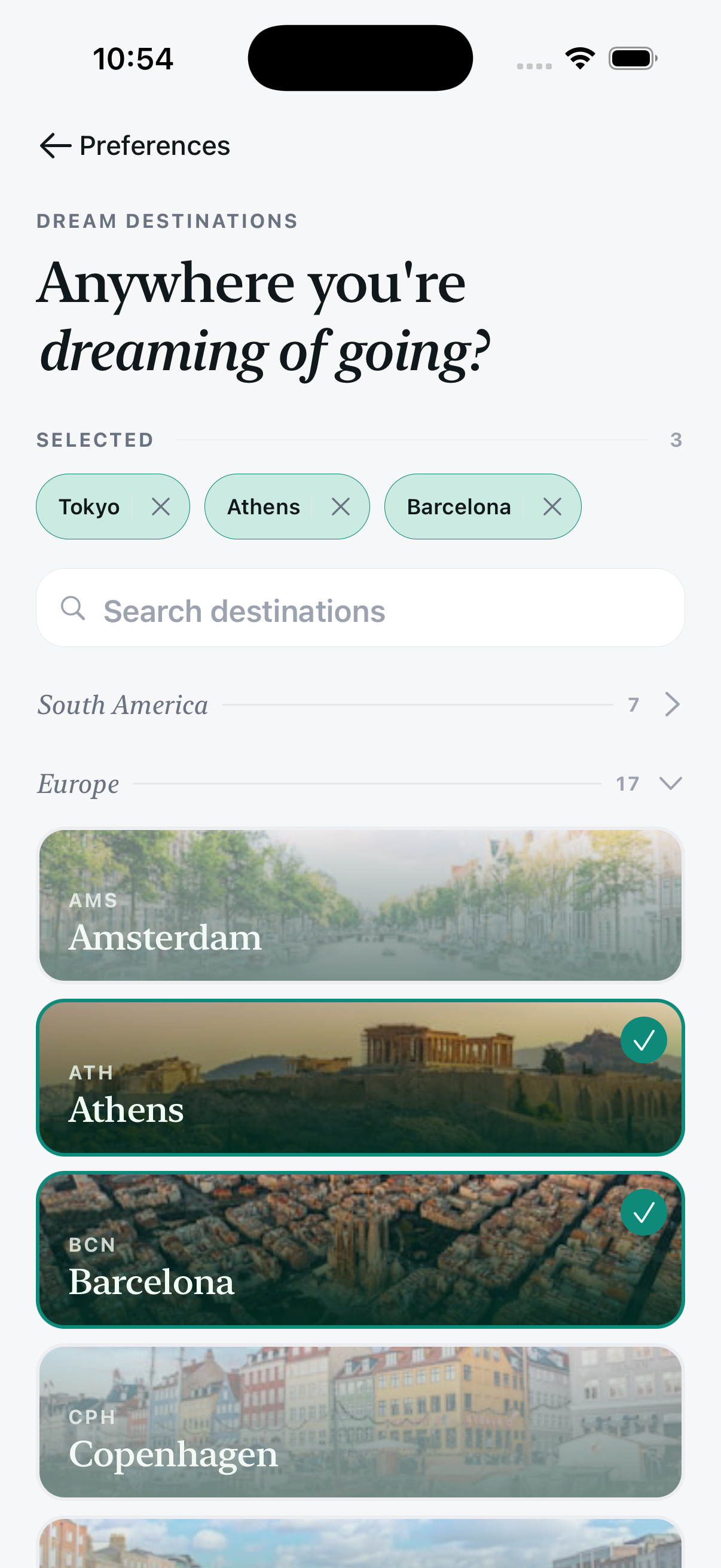 BonusMaxx dream destinations picker with Tokyo, Athens, and Barcelona selected