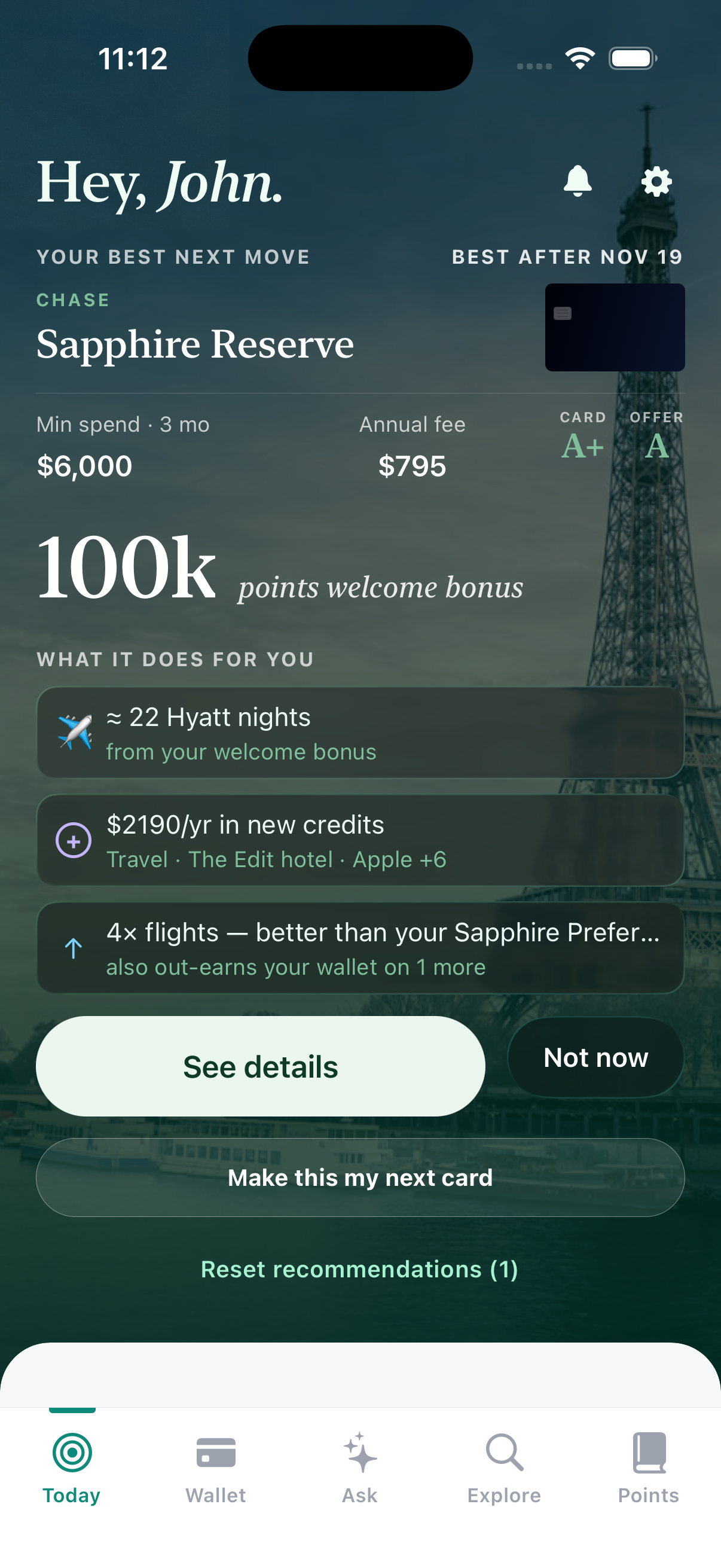 BonusMaxx showing your best next card, what its welcome bonus is worth, and the credits and earn rates it adds