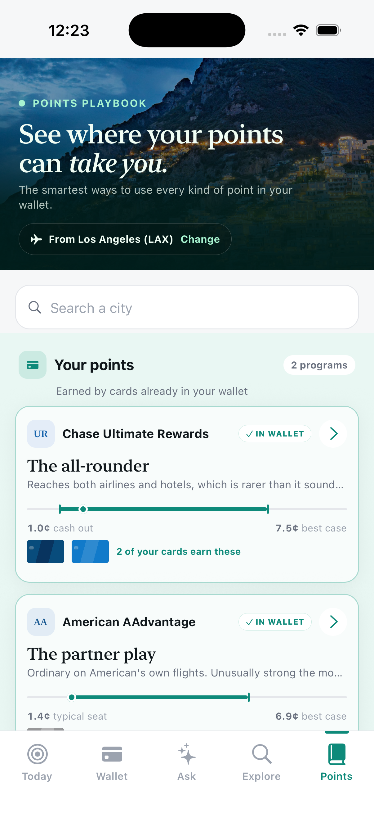 BonusMaxx Points tab showing value ranges for Chase Ultimate Rewards and American AAdvantage, from cash-out value to best case