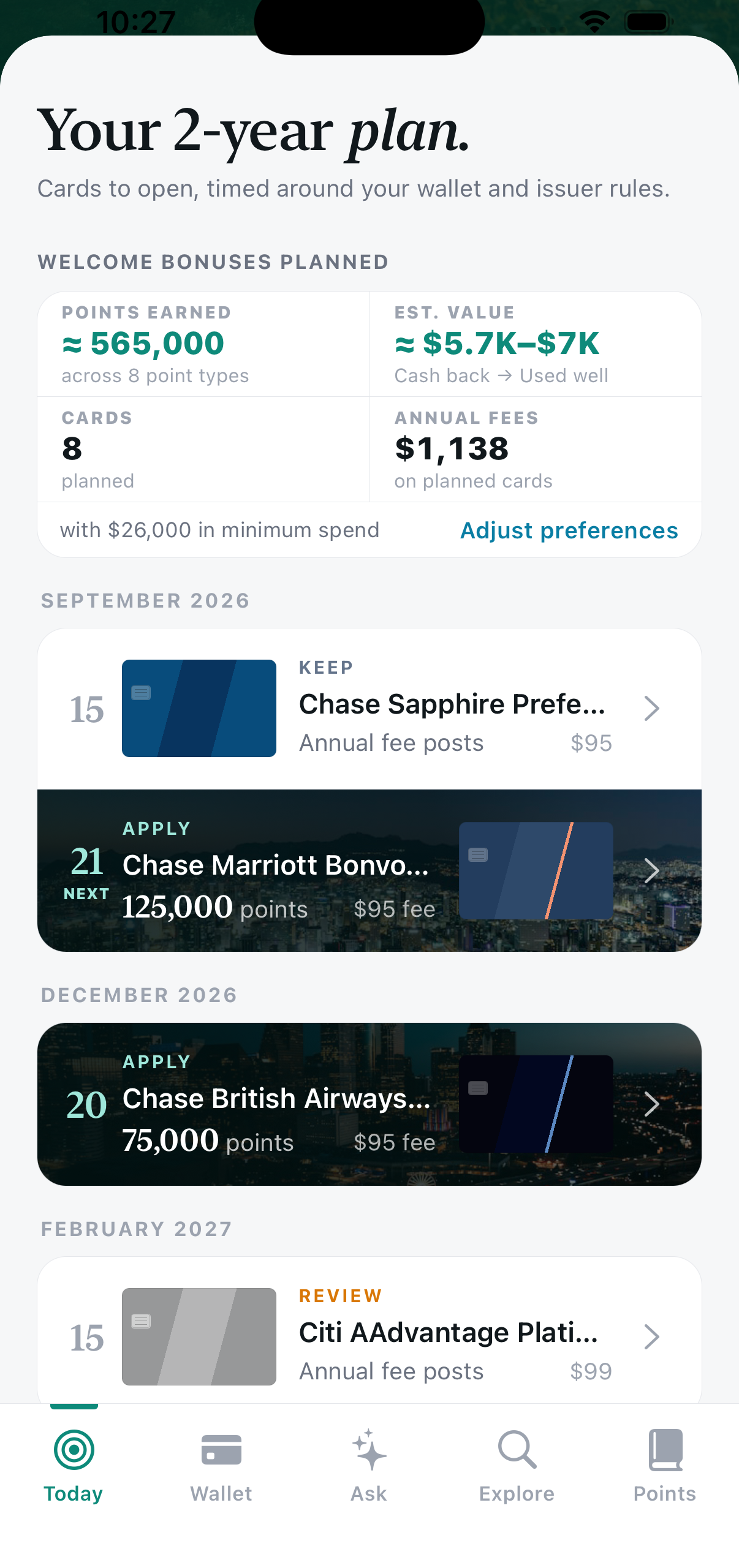 BonusMaxx 2-year plan timeline: eight cards planned, an apply for the Chase Marriott Bonvoy in September, British Airways in December, and a Citi AAdvantage fee review in February