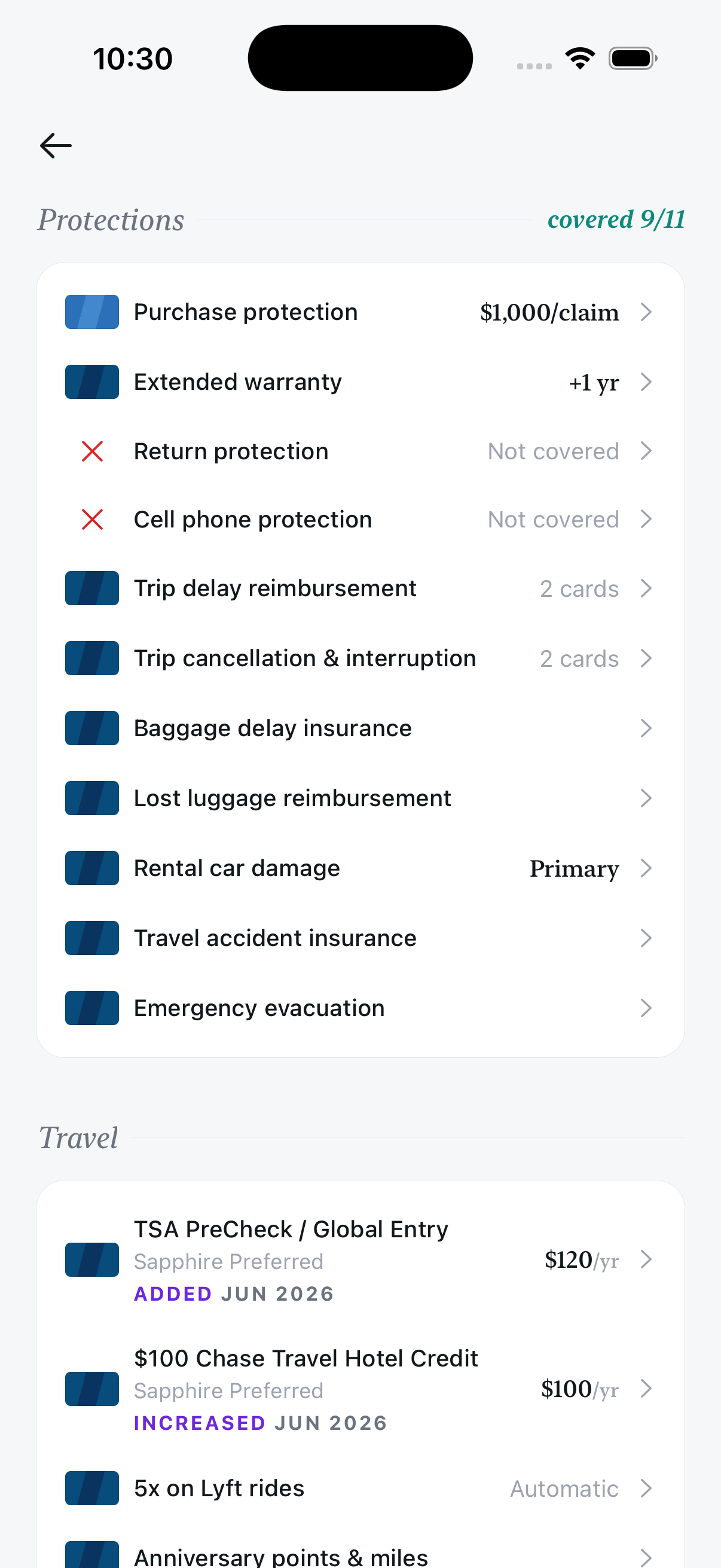 BonusMaxx Benefits screen showing credits, perks, and protections from cards in the wallet