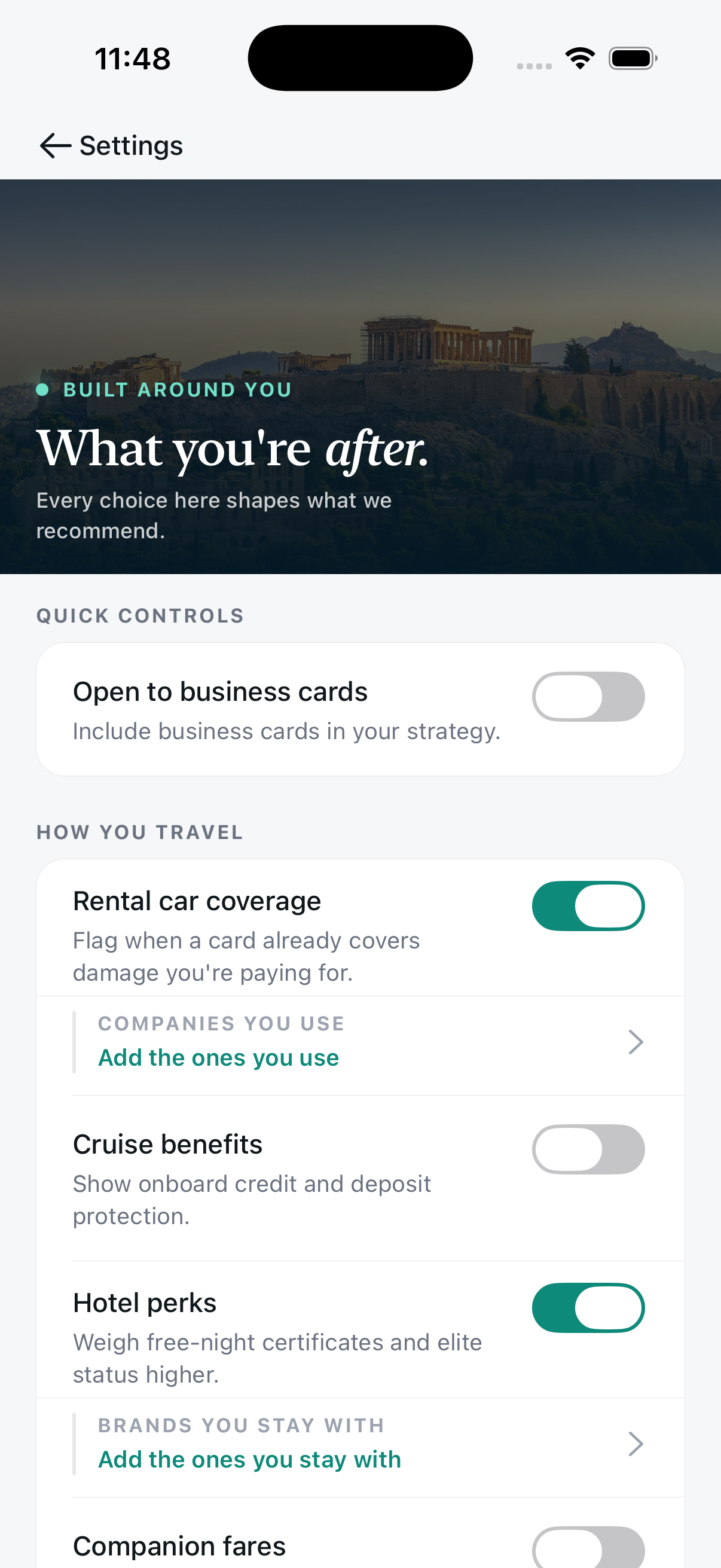 BonusMaxx settings screen titled What you're after, with toggles for business cards, rental car coverage, cruise benefits, and hotel perks